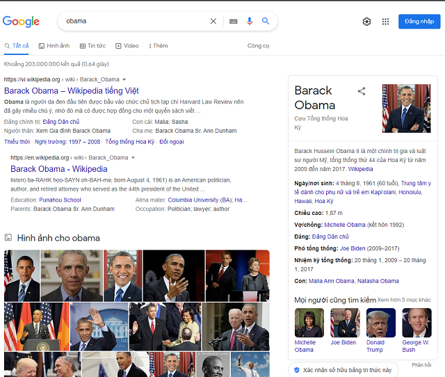 Ví dụ kết quả tìm kiếm trên Google về Obama